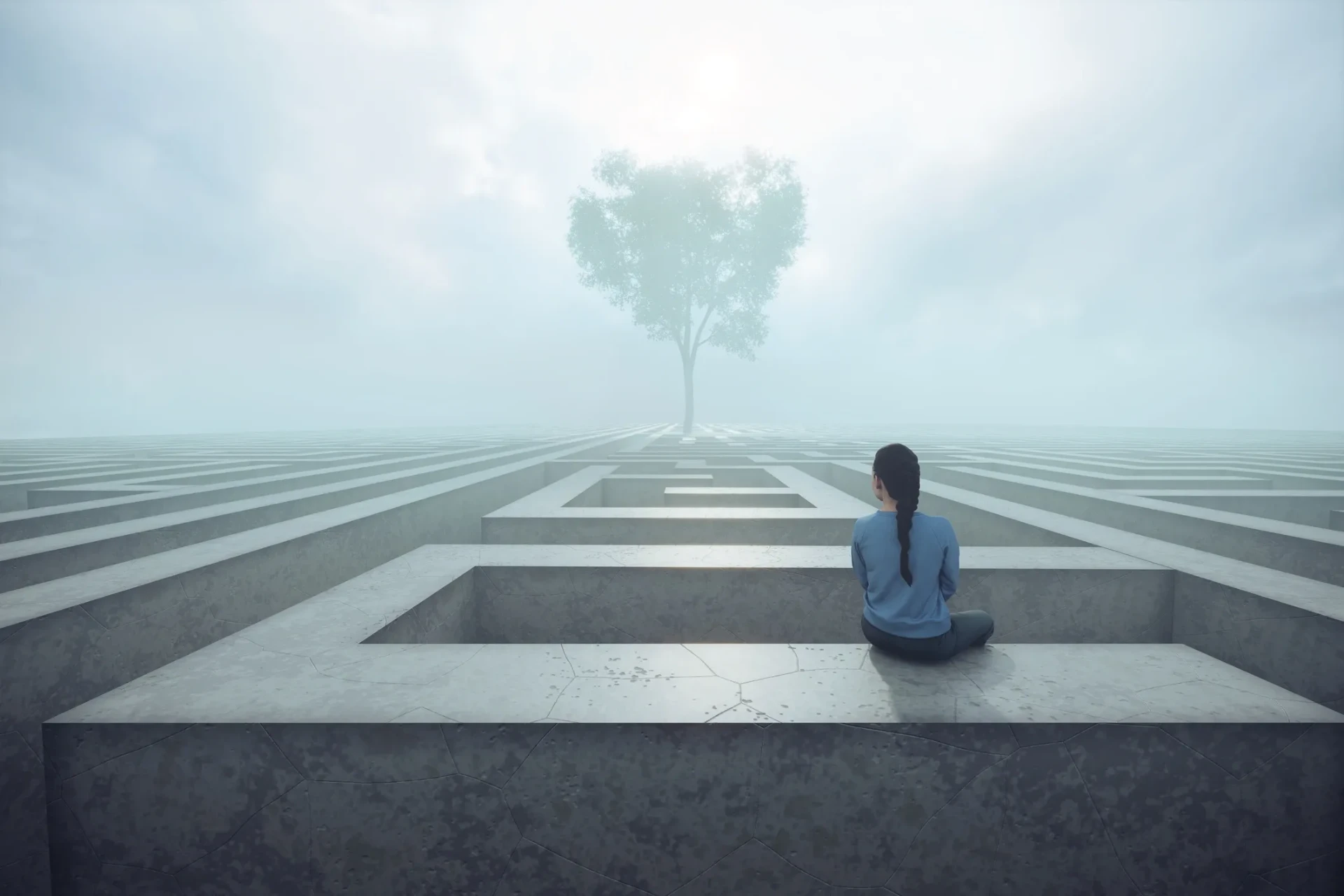 A leader sitting in a maze, looking toward a clear path