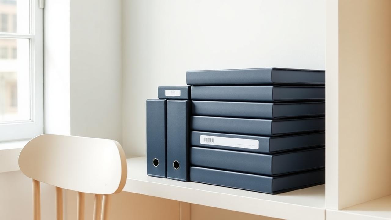 A tidy compliance binder beside an empty staff room chair, in warm neutral light