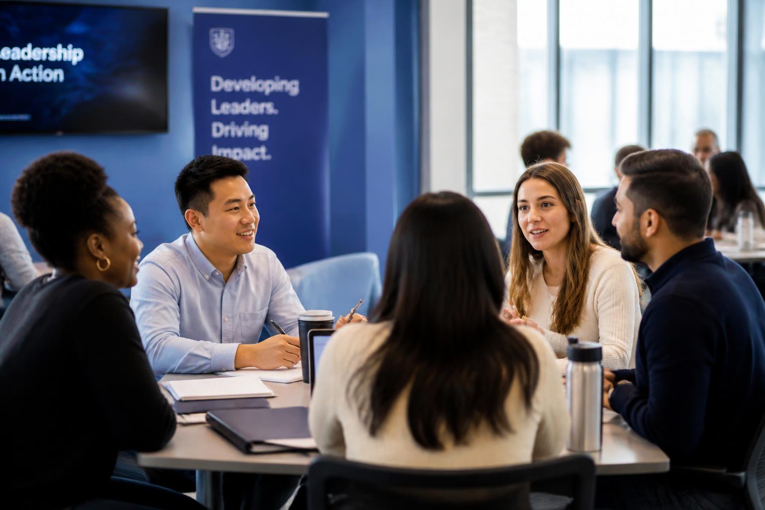 Diverse young professionals collaborating in a graduate leadership program.