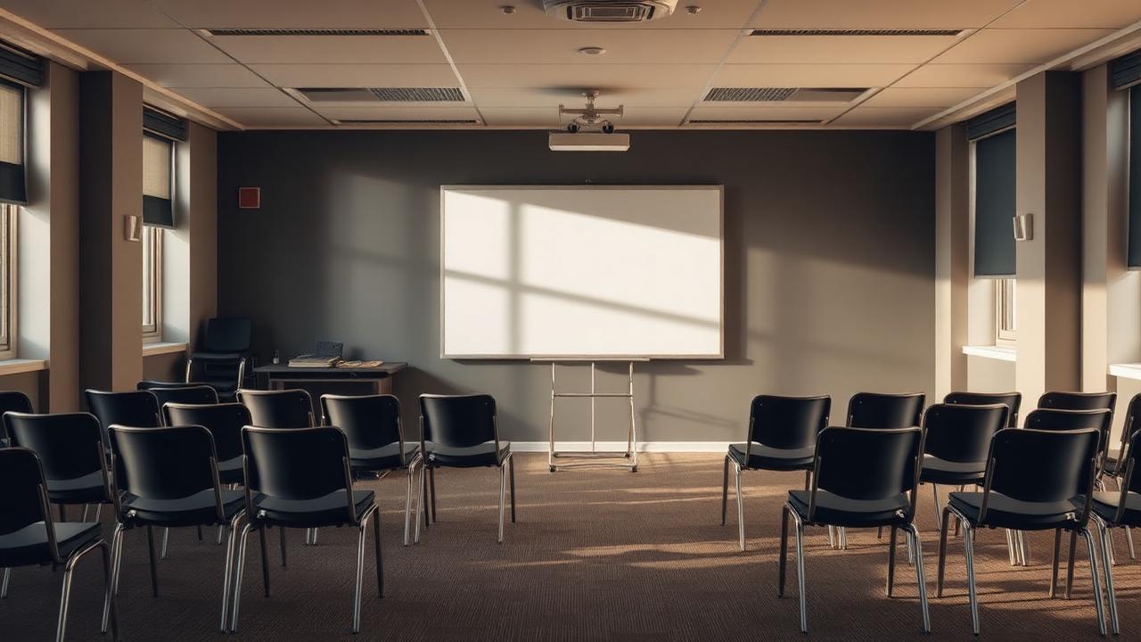 An empty training room with stacked chairs, representing learning that never left the room