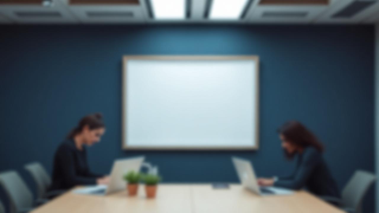 A values statement on an office wall, slightly out of focus behind working people