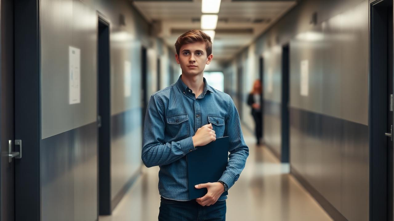 A new team leader standing at the edge of a busy workplace, holding a folder