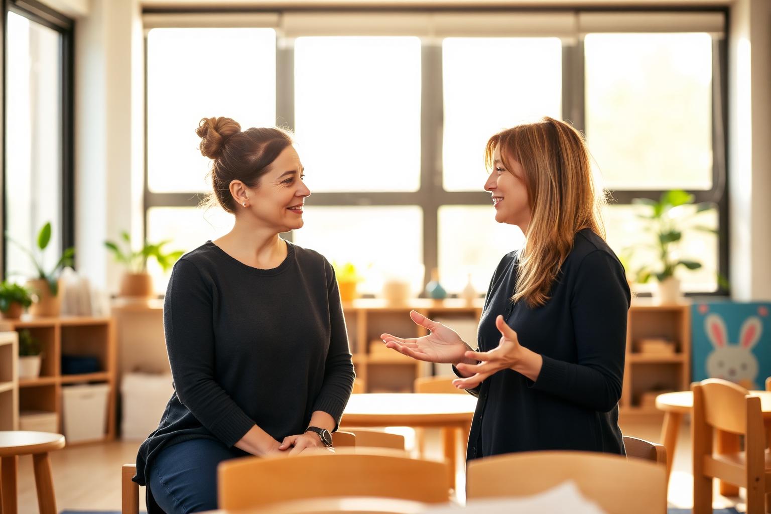 Two early childhood educators having a focused, trusting conversation in a warm, natural learning environment