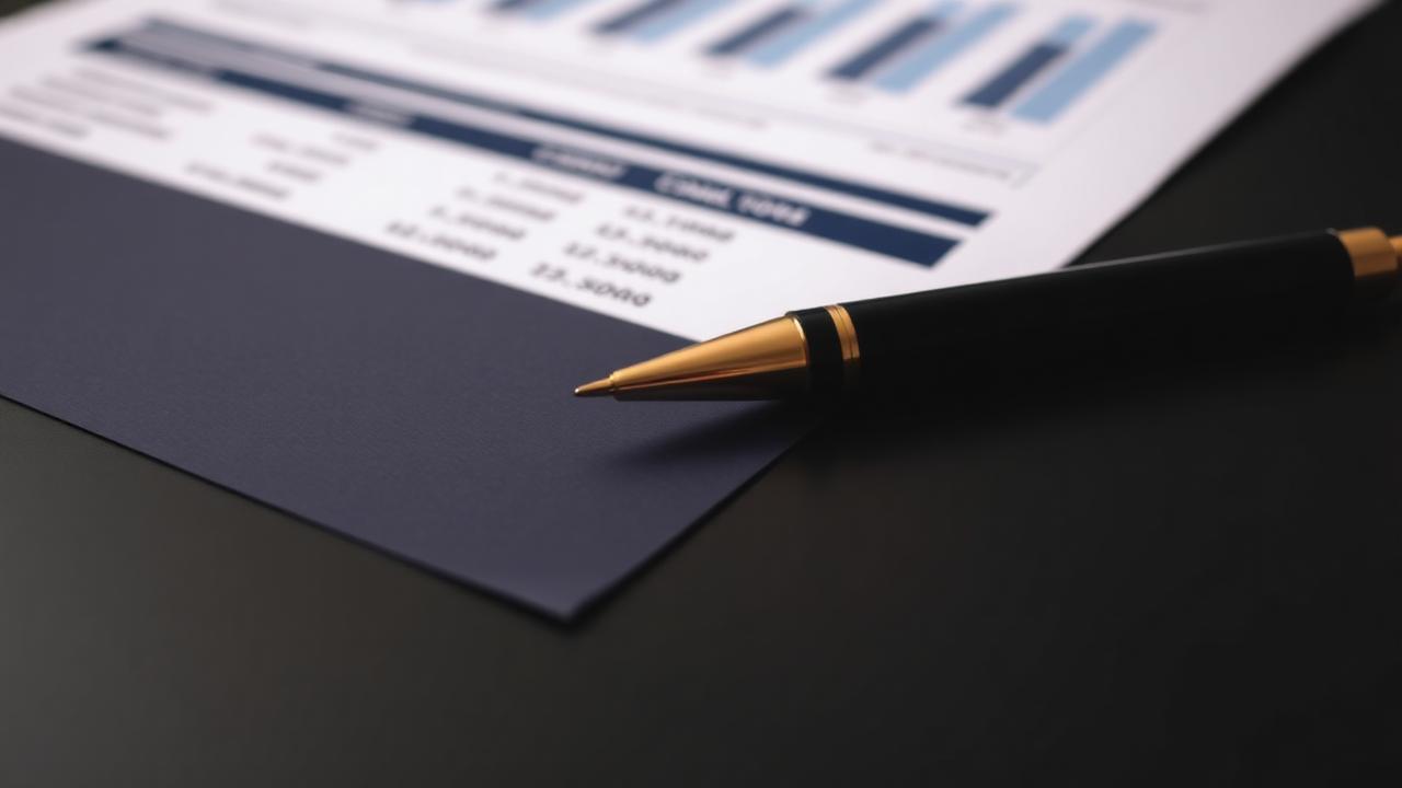 A financial report on a desk with one figure left blank, in muted navy tones
